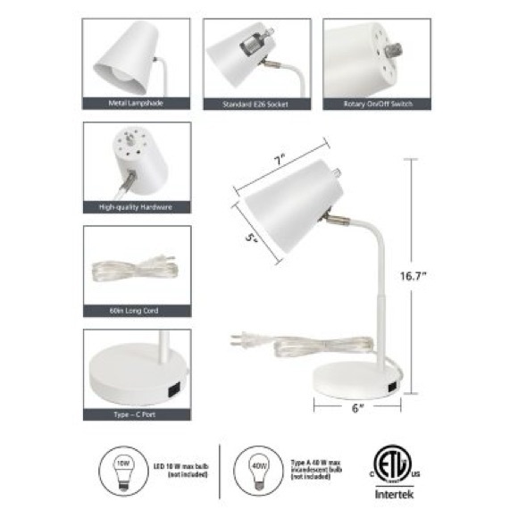 LAMPz® 15.5in Desk Lamp with Adjustable Shade & USB-C Charging Port, New in Box - Picture 4 of 8